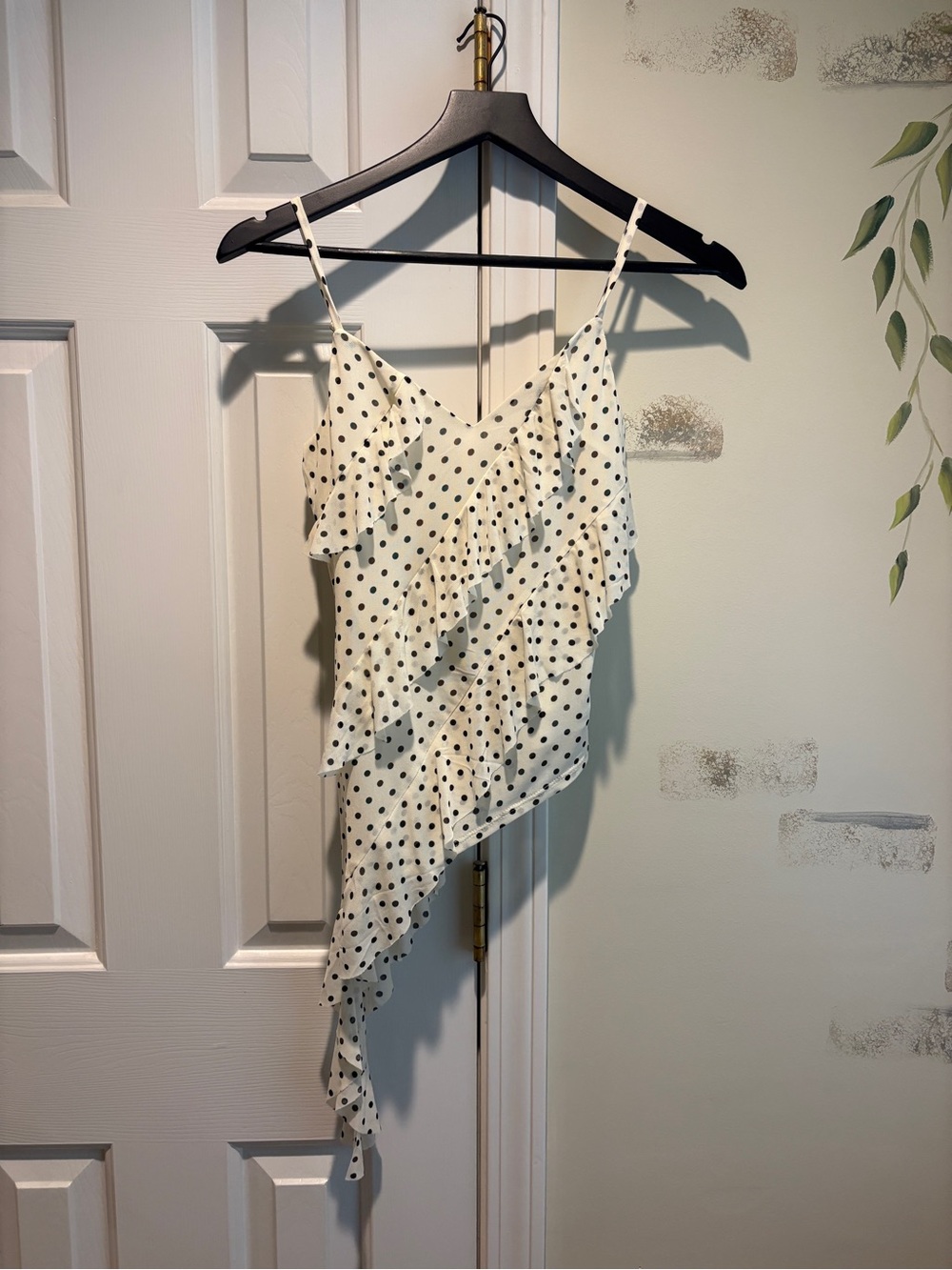 Marshalls White and Black Polka Dot Ruffle Asymmetrical Tank